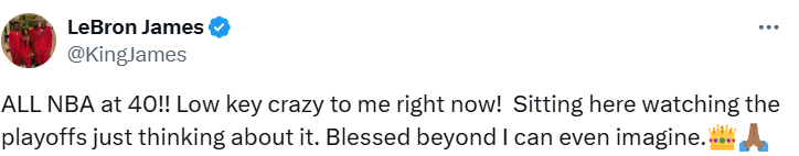 🥳詹姆斯发文:40岁还能入选最佳阵容,对我来说简直太疯狂